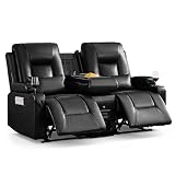 Houjud Manual Reclining Loveseat Sofa with Console, PU Leather Recliner Sofa RV Couch with Bluetooth Speakers, USB Charging, AC Outlets and Pillow for Home Theater (Dark Black, Loveseat with Console)