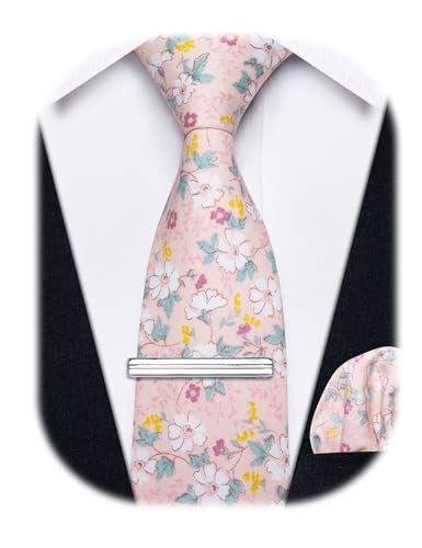 Image of YourTies Cotton Floral Tie for Men 2.5 inch Printed Skinny Necktie Pocket Square Tie Clip Set Flower Wedding Party Groom