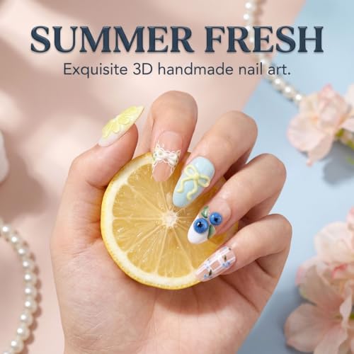 Lot de 30 ongles à coller courts amande French Tip 3D Citron Myrtille Nœud réutilisables Press On Nails courts Set design été pour femmes kit DIY – vue 5