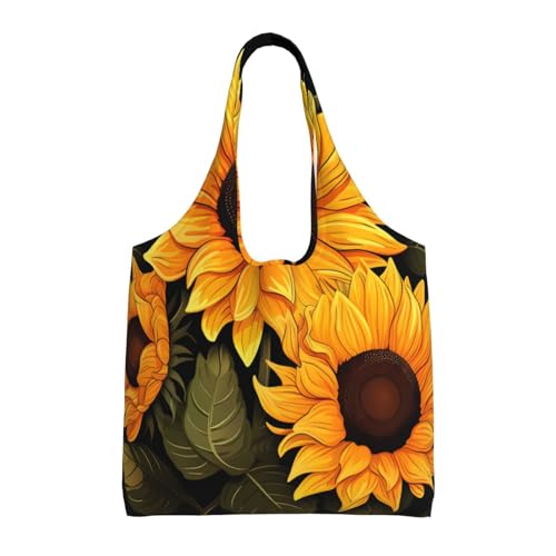 (Sunflower Black Background) Large Tote Shoulder Bag Fashion Canvas Handbag Reusable Shopping Bag Travel Bag For Women