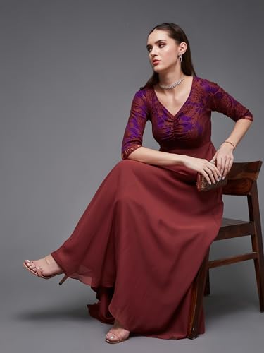 Image of Miss Chase Women's Floral Printed Relaxed Fit V-Neck 3 /4th Sleeve Maxi Dress