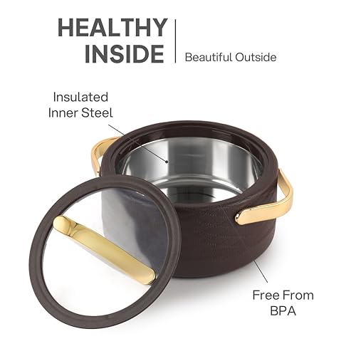 Image of CELLO Velvetto Deluxe 2500 Insulated Casserole Hot Box for Kitchen 2500 ml, Brown | Airtight See Through Lid Hot Pot Case Keeps Food Hot & Warm for Long Hours, Casserole Set for Roti, Rice & Biryani