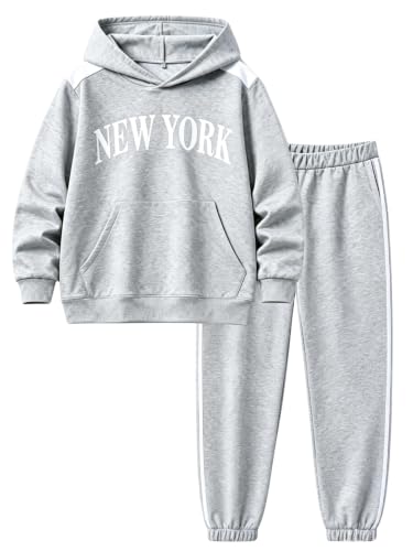 Vitalique Sizes 6 7 Years Boys 2 Piece Outfits Hooded Sweatshirt New York Print Wide Leg Pants Spring Fall Set for Kids (6-7Y, Grey)