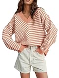 Picture of UNCLECAT Women's Striped Checkered Sweater 2025 V Neck Fall Sweaters Casual Knit Trendy Pullover Tops Light Orange