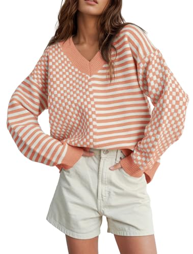 Image of UNCLECAT Womens Striped Checkered Sweater V Neck Fall Trendy Pullover Tops | Long Sleeve, Winter Clothes, Soft Jumpers, Business Casual Outfits, Cute, Fashion, Knitted Sweaters