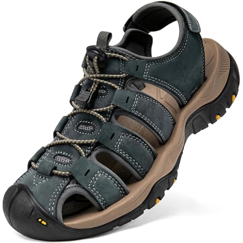 Men's Sport Sandals Closed Toe Leather Hiking Athletic Walking Outdoor Beach Lightweight Comfortable Waterproof Trail River Fishing Water Shoes Gray