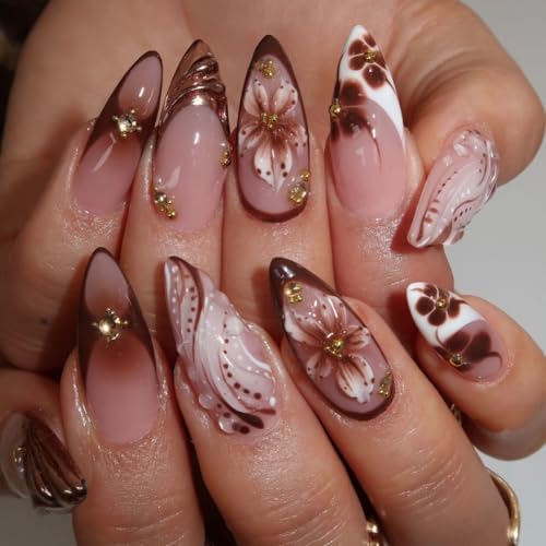 yefiuo Medium Almond Press on Nails Flower Acrylic Fake Nails Press ons Nail Tips Kit Brown Glitter French Beads Floral 3D Texture False Nails Artificial Glue on Nails Stick on Nails for Women 24Pcs
