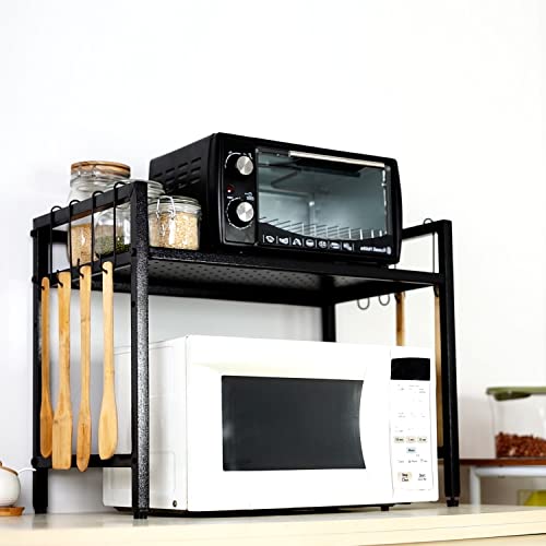 Livzing Metal Adjustable Countertop 2-Tier Microwave Oven Rack Organizer with Hooks – Multipurpose Counter top Storage Organizer – Dish Rack for Kitchen Cabinet – Powder Coated OTG – Black
