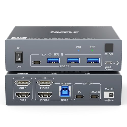 USB C Przełącznik KVM 2 Monitory 1 Laptop 1 Komputer 4K@60Hz, USB C HDMI Dual Monitor KVM Switch 2 Computers Współdzielą 2 Monitors i 4 Porty USB 3.0, Wyposażony w Przewodowy Pilot i Adapter Zasilania