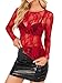 OFEEFAN Sheer Tops for Women Embroidered Mesh Lace Blouses Crewneck Outifts for Women Red L