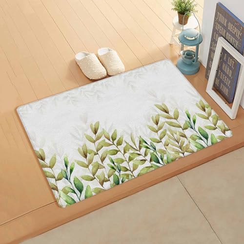 Yellow Green Leaves Kitchen Bath Door Mat Cushioned Runner Rug,Washable Welcome Floor Sink Antifatigue Mat,Waterproof & Non-Slip Comfort Standing Doormat,Watercolor Botanical Modern White 24