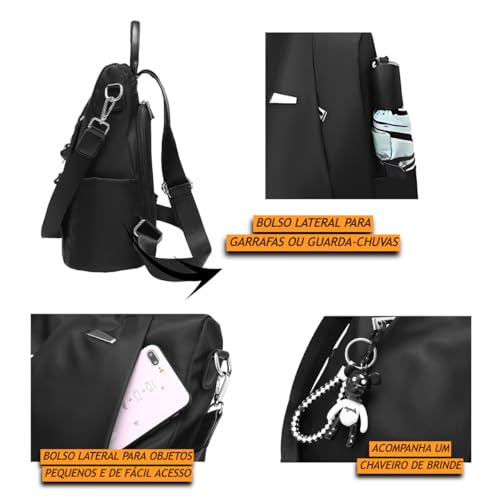 TOKSHOP Mochila Feminina Bolsa Pequena Tecido Impermeável Com Alça de Ombro e Chaveiro (Preto)