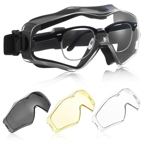 Copkim Safety Goggles over Glasses, Ansi Z87.1 Airsoft Goggles Anti Fog Tactical Safety Glasses with 3 Impact Resistant Interchangeable Lenses for Shooting, Skiing & Riding Outdoor Eyewear(Black)