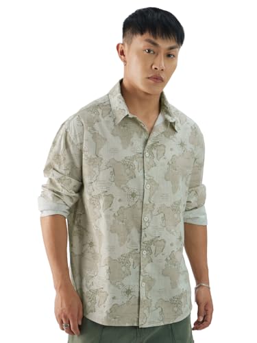Image of The Souled Store The Map Men and Boys Long Sleeve Button Front All Over Printed Relaxed Fit Shirts