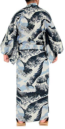 Kimura Jitsugyo Tokyoin Traditional Made In Japan Cotton Yukata Robe (Japanese Pajama Kimono) Easy Wearing Unisex Design Obi Yukata set2 (61 X-Large, White & Fuji Wave) - Thumbnail 2