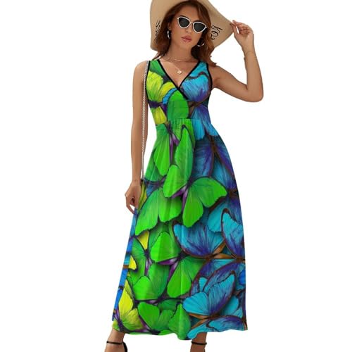 Robe maxi décontractée imprimé papillon violet col V sans manches