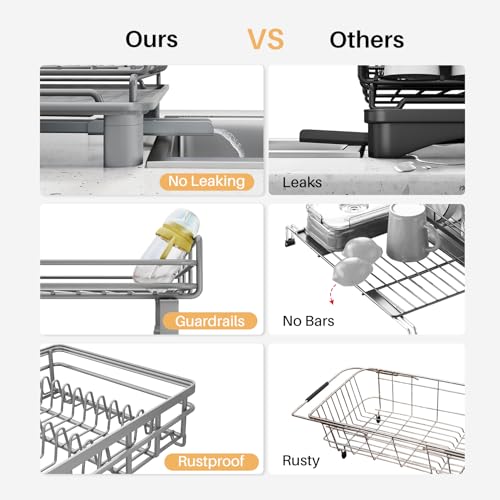 Image of SNTD Dish Drying Rack - Extendable Dish Rack, Large Sink Drying Dish Drainer for Kitchen Counter, Stainless Steel Dish Strainer with Utensil Holder (Grey)