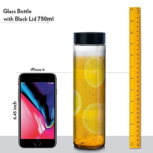 Image of Glassbunny 750ml Glass Water Bottles Wide Mouth with Leak-Proof Airtight Black Plastic Lid, Pack of 4