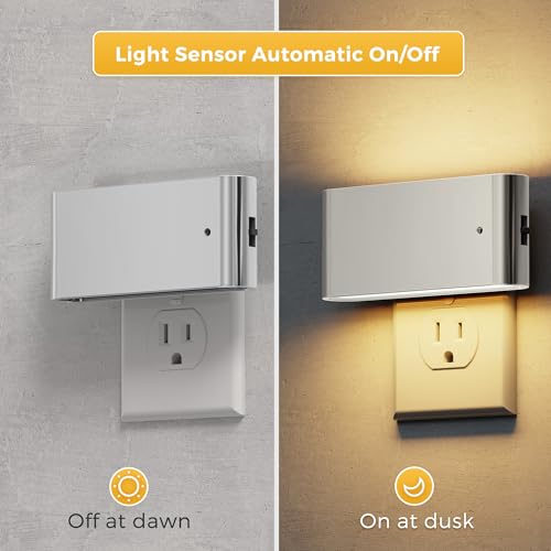 Image of L LOHAS LED Night Light, 2 Pack Dimmable Modern LED Night Lights Plug into Wall,Dusk to Dawn Sensor Night Lights for Kid, 0-100LM 3000K Soft White Nightlight for Hallway Bedroom Stairway(Silver)