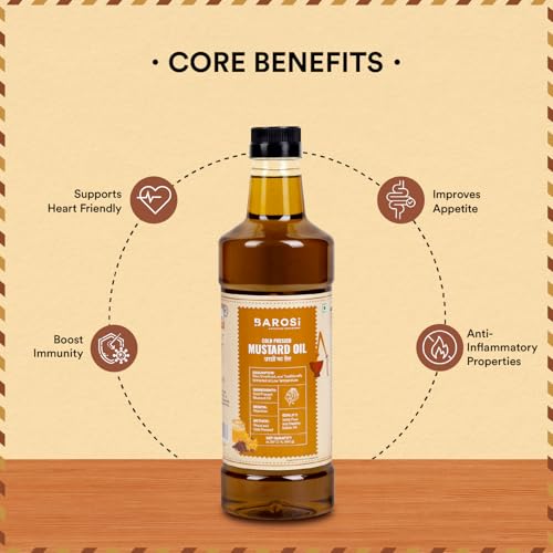 Image of BAROSI [Wood Cold Pressed Mustard Oil - 1L] | Kachi Ghani | Pure, Natural & Organic, Unrefined for Healthy Cooking (Sarso Tel) | Kolhu /Kacchi Ghani /Chekku | Perfect blend of Health, Taste & Aroma