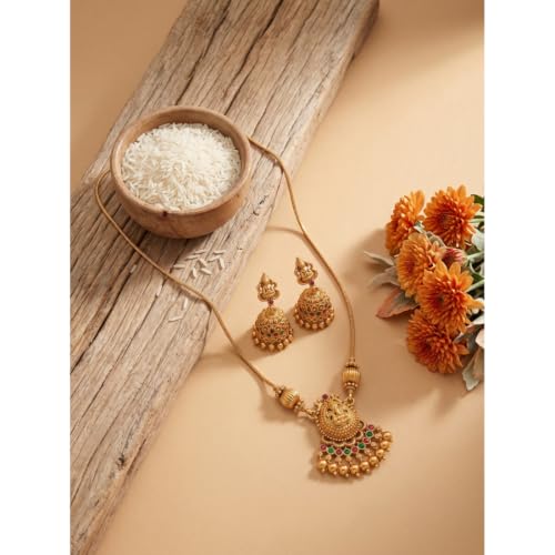 Image of Traditional Gold-Plated Lakshmi Temple Pendant Necklace Set for Women | Antique South Indian Jewelry with Jhumka Earrings | Ethnic Bridal, Wedding & Festive Jewelry Set