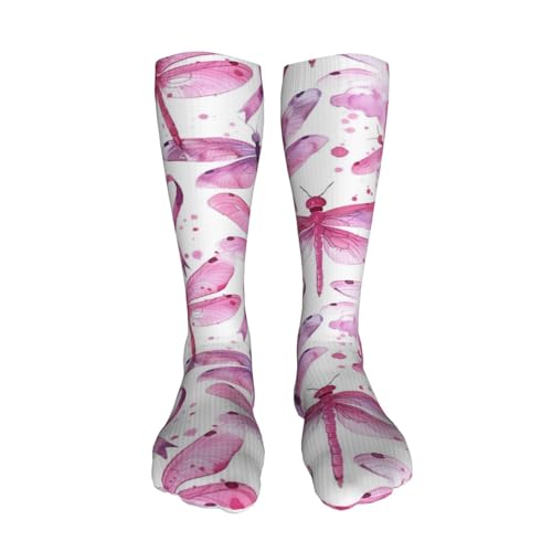 Pink Dragonflies with Cancer Ribbons Compression Socks for Kids Boys Girls, Knee High Soccer Socks Long Tube Funny Gifts for Running Sports Travel 19.8in3