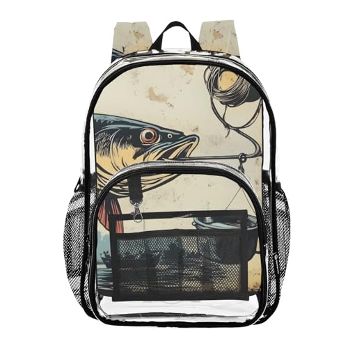 Clear Backpack Trout Fishing Vintage, PVC Transparent Bag with Large Capacity for Boys, Girls, Men, Women, See Through Bookbag for School Work College Travel