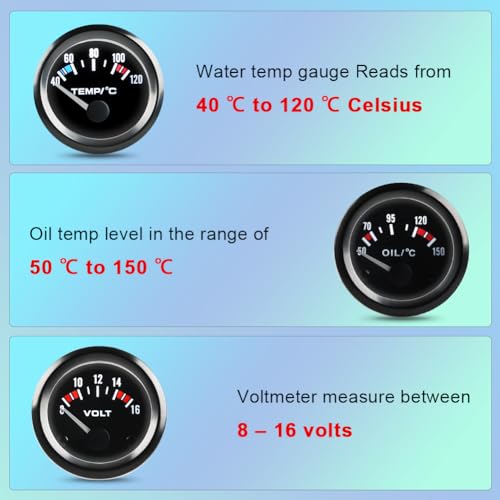 Waterwich WATERWICH-SK-SU859 Triple Gauge Kit 2 Inch 52Mm Car Meter Auto Gauge 3 In 1(Voltmeter + Water Temperature Gauge + Oil Temperature Gauge Dc 12V thumb #1