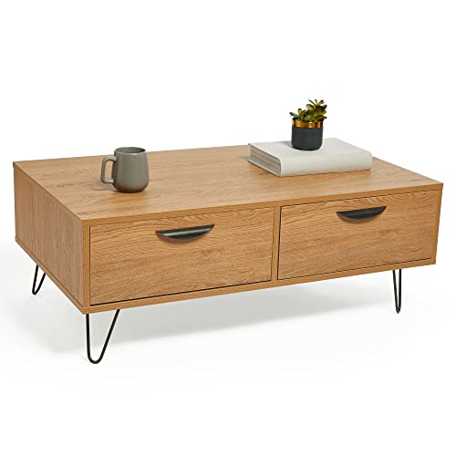 VonHaus Coffee Table for Living Room - Oak Wood Effect Living Room Table - 2 Drawer Centre Table with Storage - Rustic Tea Table with Black Hairpin Legs & Handles - Modern Lounge Furniture - Capri