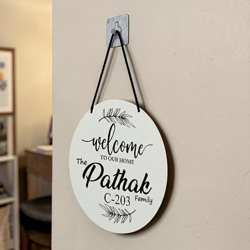 Image of P Arts Personalized Door Name Plate for Home Entrance Round Shaped 10x10 Inch Name plate for home entrance, Door name plates MDF Wood, Black & White