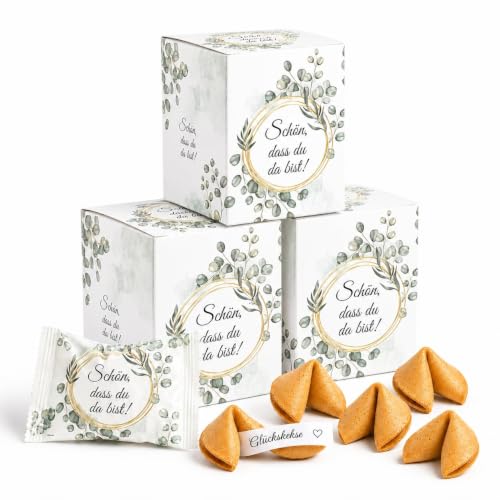 FOOD crew 36x Glückskekse Schön dass du da bist - 3 Designs - Glückskeks Einzeln Verpackt - Gastgeschenk Hochzeit Gäste mit Sprüchen Deutsch - Kommunion Mitgebsel - Vegane Süßigkeiten