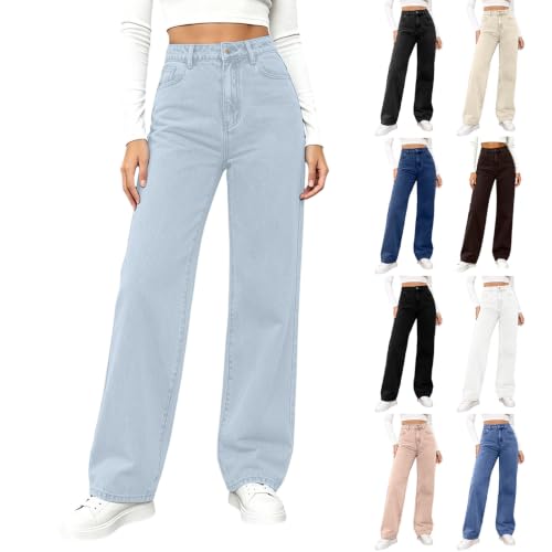 Womens Jeans Ladies Jeans Vintage Washed Elastic High Waist Denim Pants Soft Casual Straight Jean Side Pockets Button Closure Light Blue M
