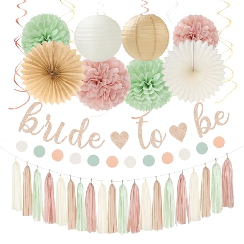Image of Sage-Green Pink-Beige Bridal-Shower Party-Decorations - 36pcs Bride to Be Banner,Bachelorette Paper Lanterns,Neutral Wedding Streamers Garland,Boho Tissue Pom Poms Flower Fan Decor Supplies Burgleda