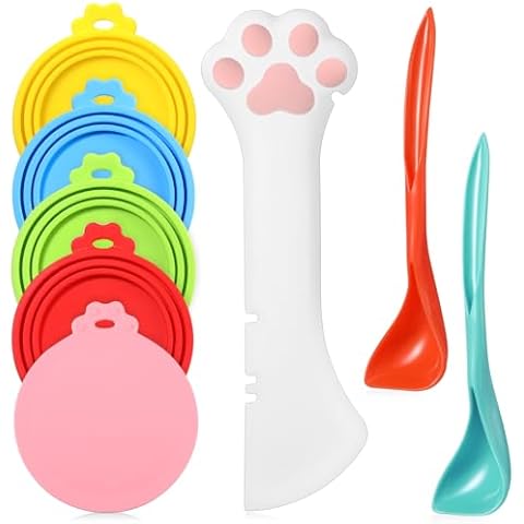 Uiifan 8 Pcs Pet Food Can Supplies Set 5 Pcs Universal Silicone Pet Food Can Covers Lids 2 Pcs Silicone Can Spoons 1 Pcs Multifunctional Pet Can Opener for Pets Dogs Cats Feeding Can (Multicolor) Cover