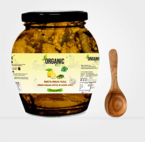 Image of Organic Anand Homemade Natural Green Chilli Pickle 350 Gram Hari Mirchi Ka Achar Dipped in Lemon Juice Khatta Spicy No preservative
