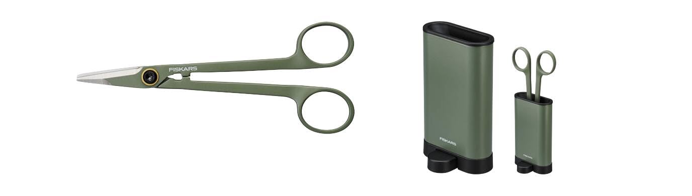 Fiskars Small plant shears with holder, Urban Plant Care, For fine cuts on houseplants, total length 17 cm, stainless steel/plastic, dark green/black, 1075315