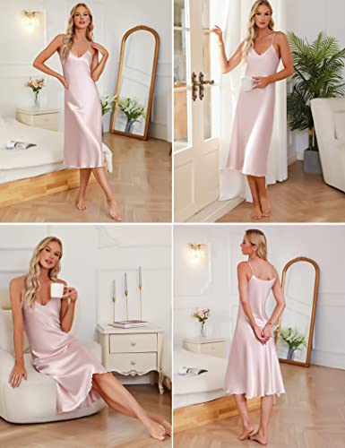 Image of Litherday Silk Nightgown for Women Long Satin Slip Dress Nightdress Silky Chemise Nightie Soft V Neck Nightwear