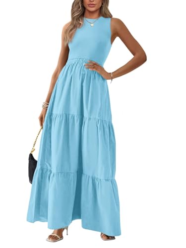 BTFBM Summer Dresses for Women 2026 Elegant Classy Sleeveless Solid Maxi Wedding Guest Dress Prom Fashion Clothing(Solid Light Blue,X-Large)