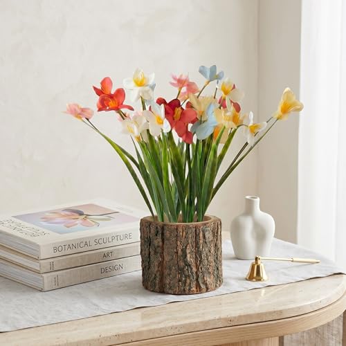 Image of Dekorly Artificial Grass Lily Flower with Real Wooden Vase (28CM Overall Height) | Decorative Lifelike Faux Floral Plant in Rustic Tree Log Pot for Living Room (Grass Lily)