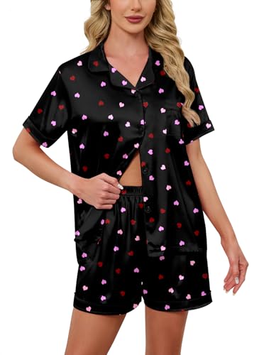 Image of Schbbbta Women Pajamas Set, 2 Pieces Satin Silk Button Down Pjs Short Sleeve Outfits Loungewear