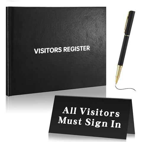 Affrolling 3 Pcs Visitor Log Book Set,120 Pages 8 7/8" x 7" Visitors Register Book Visitors Must Sign in Desk Sign, Black Pens for Office Visiting, Wedding Reception and Events Reception Supplies Cover