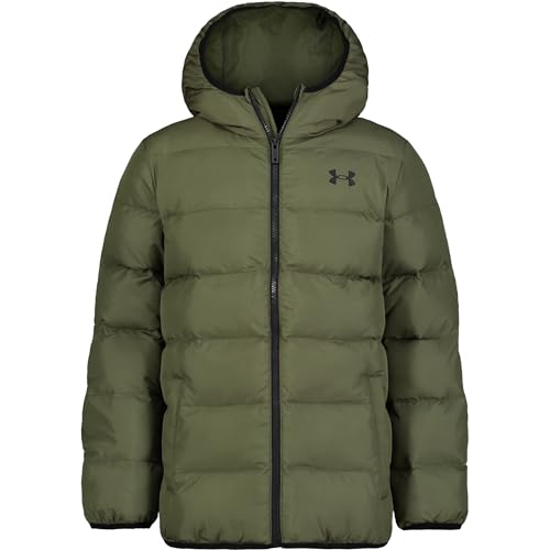 Under Armour Boys' Pronto Hooded Puffer Jacket, Lightweight & Water Repellent, Marine OD Green, YM
