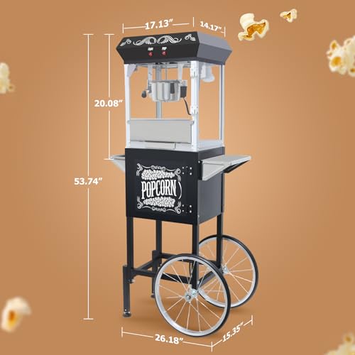 Image of 8 Oz Popcorn Machine Cart, 650 W, Popcorn Maker Machine with Stainless-Steel Kettle, Movie Theater Popcorn Machine with Steel Frame Tempered Glass Doors & Heated Warming Deck, Black