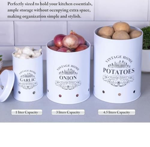 Image of Galvanized Metal Vegetable Storage Container Set of 3 for Potato, Onion & Garlic | Ventilated Kitchen Pantry Organizer with Lids | Rust-Resistant Food Storage Bins | WHITE
