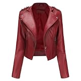 Generisch Giacca da donna in ecopelle, giacca corta casual da motociclista con zip, maniche lunghe, colletto e tasche
