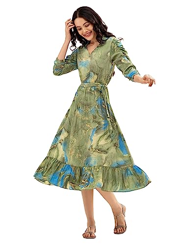 Image of AASK Abstract Printed Puff Sleeve Gathered Detailed Fit Flare Dress