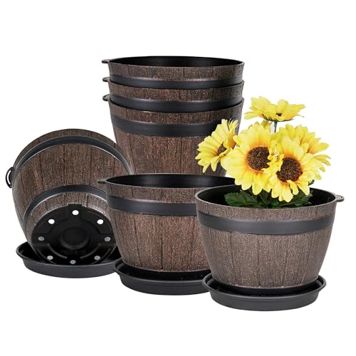 VECELO 植木鉢 鉢 幅19cm×高さ14cm 鉢植え 6点セット プランター 受け皿付き 穴付き おしゃれ 多肉植物 インテリア 観葉植物 部屋 ワインバレルポット オフィス 室内 飾り シンプル プランターバレル レトロフラワープランター フェイク