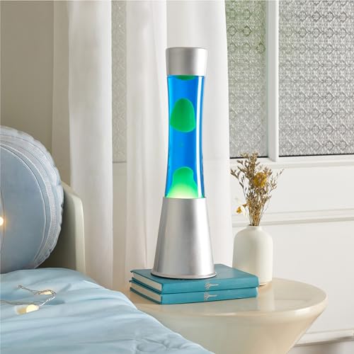 Image of 15.43 inch Cylinder Glow Lamp with Silver Base, Blue Liquid and Green Wax, Novelty Lamp and Home Decor for Adults, Teens and Kids