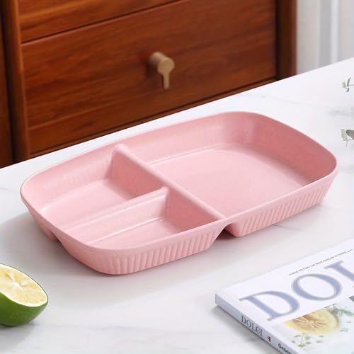 Image of Unbreakable Wheat Straw Plates with 3 Compartments for Kids, Toddlers, Meat & Appetizers, Snacks, Cake, Side Dishes, Pasta, Noodles Dishwasher & Microwave Safe Tray (Pink, Pack of 2)