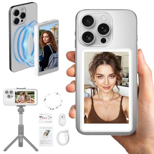 Ecokra Vlog Selfie Monitor Screen, Magnetic Phone Vlog Selfie Monitor Screen 4K 30fps Bluetooth Remote, Wireless Back Camera Monitor for Selfie Vlog, Compatible with iPhone & Android (White)